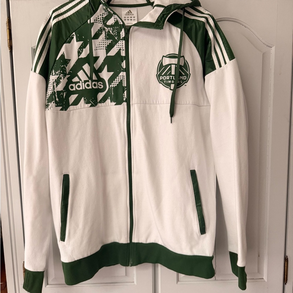 Adidas White and Green Graphic Hoodie